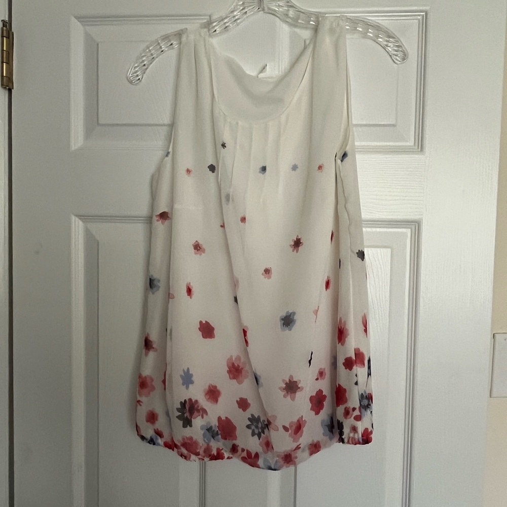 White and Red Pleated Tank Top with Floral Design